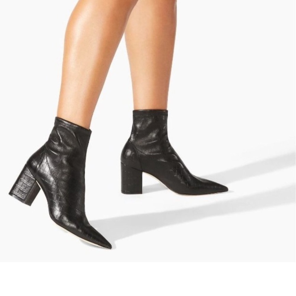 Stuart Weitzman 75 Block Stretch Booties Croc Leather Black Sz.7.5b